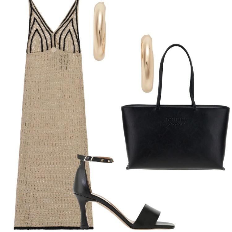 Outfit donna - Dopo cena summer disco. Stile Chic per Serata fuori. Abbinamento con sandali col tacco, vestiti midi/longuette, orecchini, borse a spalla.