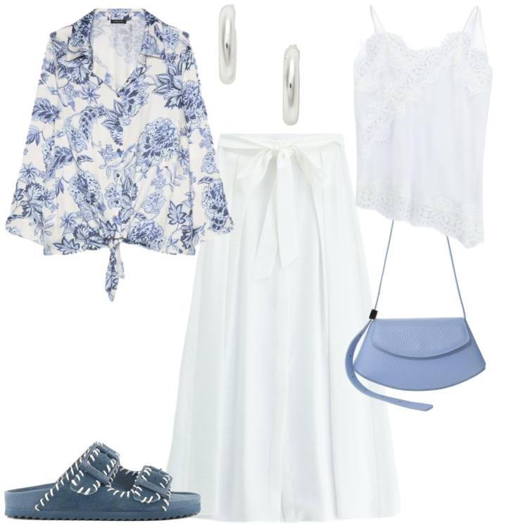 Outfit donna - Casual chic ogni giorno. Stile Casual chic per Tutti i giorni. Abbinamento con gonne lunghe, borse a spalla, top, camicie, orecchini, ciabatte.