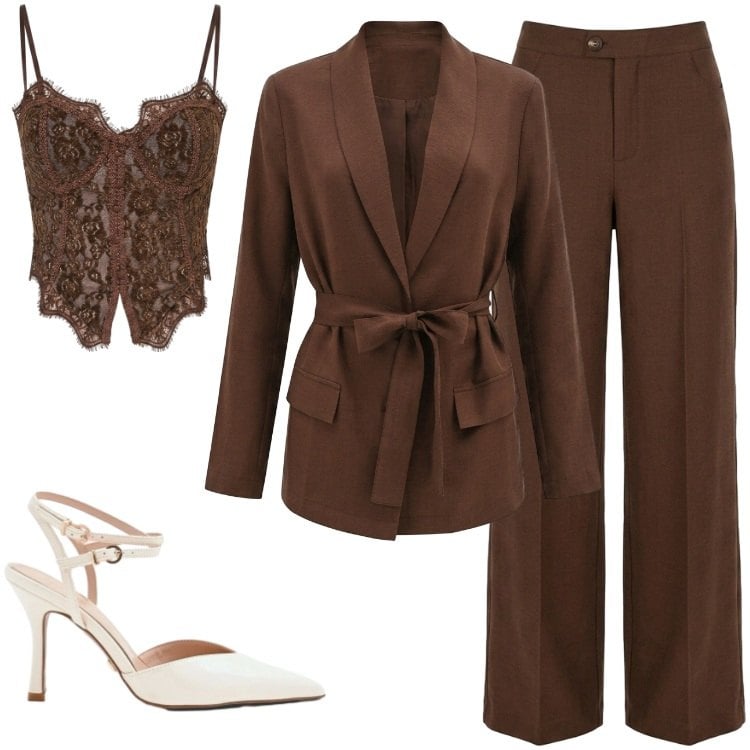 Outfit donna - Total look #2432318. Stile Glamour per Serata fuori. Abbinamento con décolleté, blazer, top, pantaloni a palazzo.