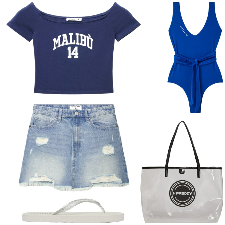 Outfit donna - Total look #2432321. Stile Casual per Mare. Abbinamento con costumi interi, minigonne, t-shirt, infradito, shopping bag.