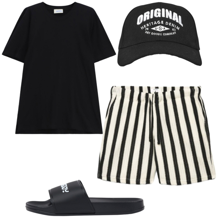 Outfit uomo - Total look #2432322. Stile Casual per Mare. Abbinamento con cappelli con visiera, pantaloni corti, sandali, t-shirt.