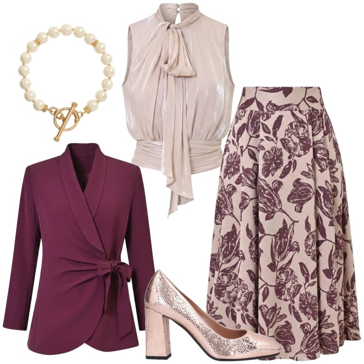Outfit donna - Chic.... Stile Chic per Serata fuori. Abbinamento con décolleté, collane, top, gonne longuette, blazer.