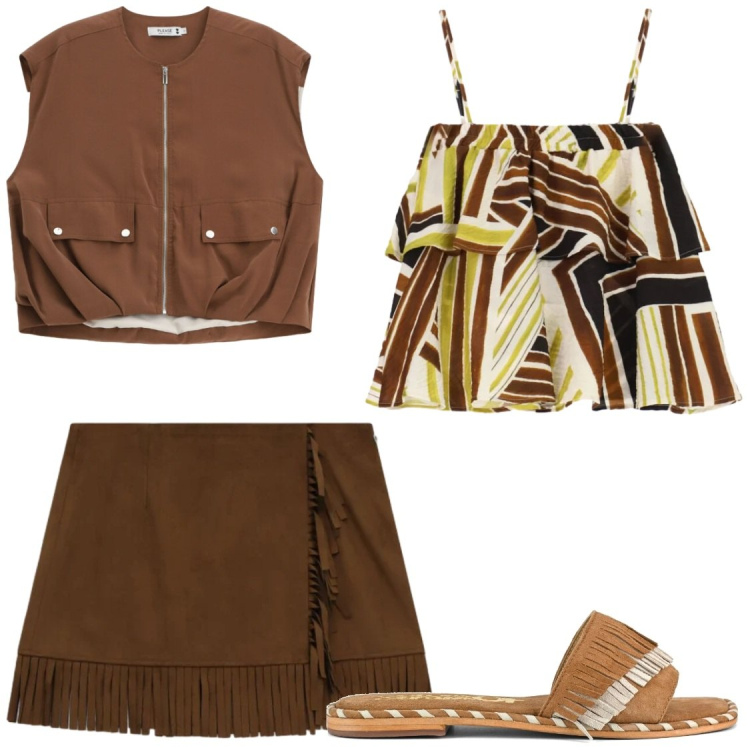 Outfit donna - Total look #2432326. Stile Chic per Serata fuori. Abbinamento con minigonne, top, gilet, ciabatte.