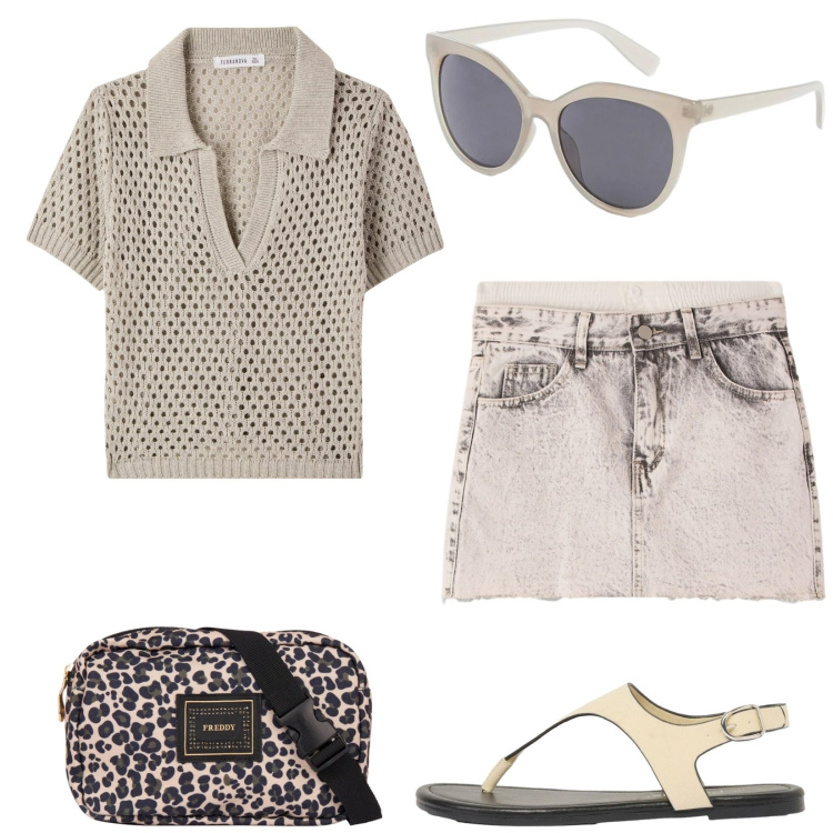 Outfit donna - Total look #2432328. Stile Casual per Mare. Abbinamento con occhiali da sole, infradito, polo, minigonne, marsupi.