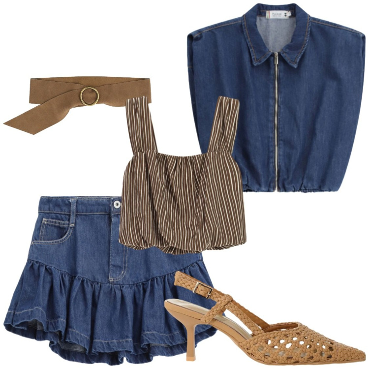 Outfit donna - Denim e cuoio. Stile Chic per Serata fuori. Abbinamento con gilet, top, minigonne, cinture, décolleté.