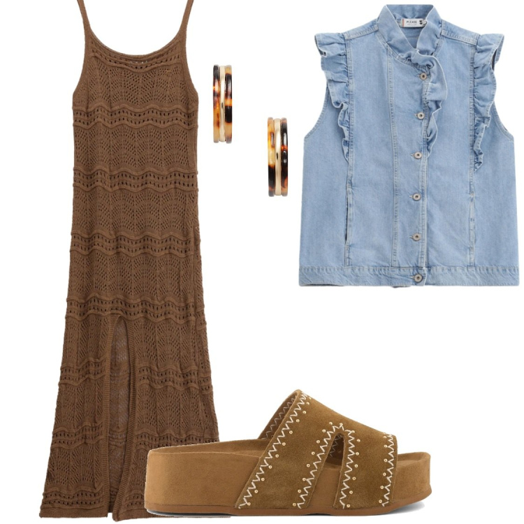 Outfit donna - Denim e vestito lungo. Stile Boho per Serata fuori. Abbinamento con vestiti lunghi, gilet, orecchini, zeppe.
