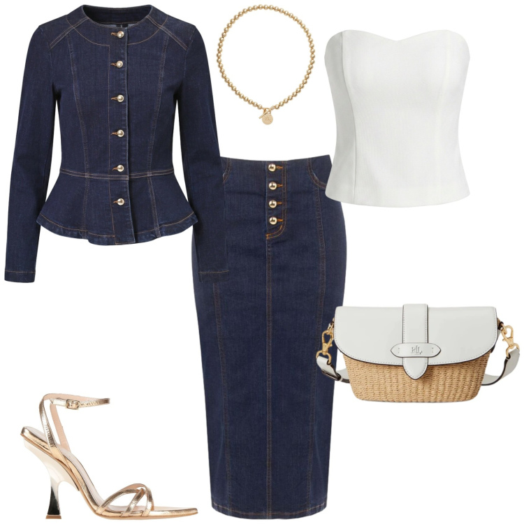 Outfit donna - Denim oro bianco serata speciale. Stile Sporty chic per Cerimonia. Abbinamento con sandali in pelle, gonne longuette, top, blazer, borse a spalla, collane.
