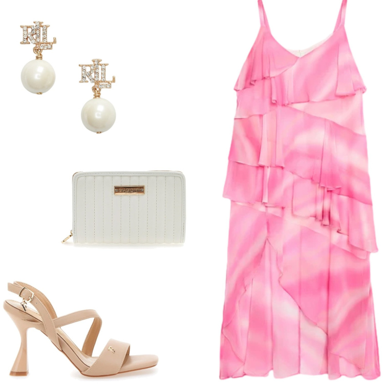 Outfit donna - Fiorella Rubino: l\'abito da cerimonia. Stile Glamour per Cerimonia. Abbinamento con vestiti lunghi, orecchini, sandali col tacco, portafogli.