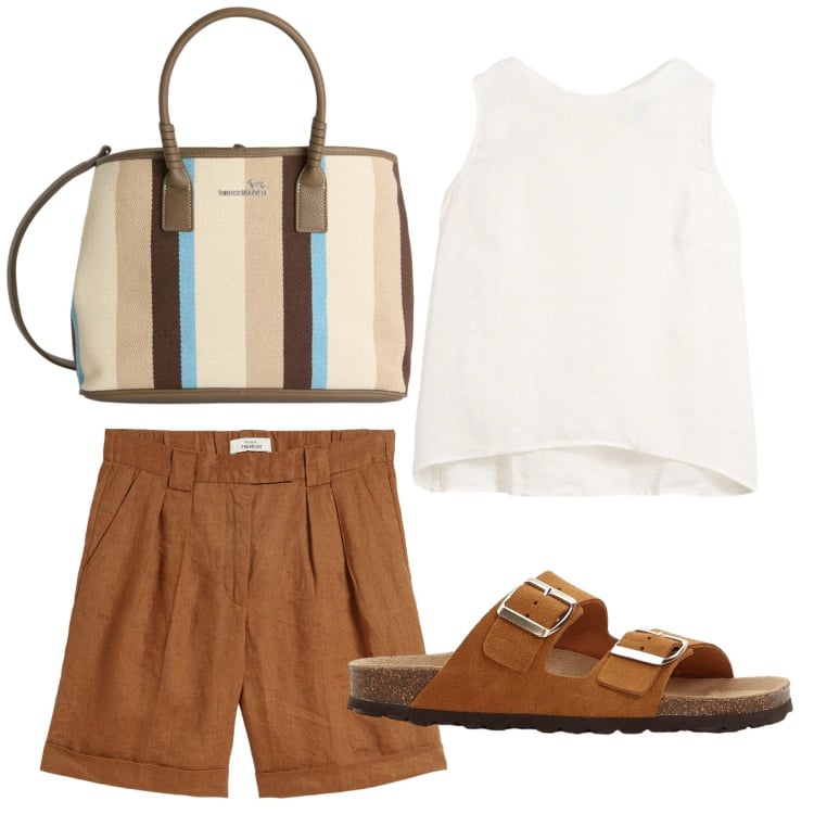 Outfit donna - Estate frescolino. Stile Casual per Tutti i giorni. Abbinamento con bermuda, canottiere, ciabatte, shopping bag.
