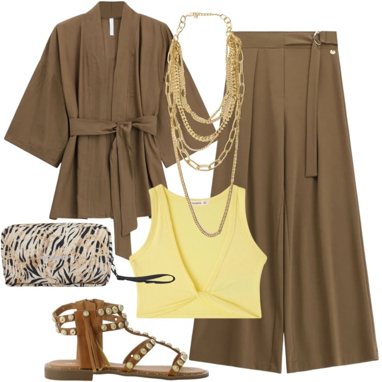 Outfit donna - Total look #2432336. Stile Casual per Tutti i giorni. Abbinamento con top, pantaloni a palazzo, trench, sandali, collane, valigie.