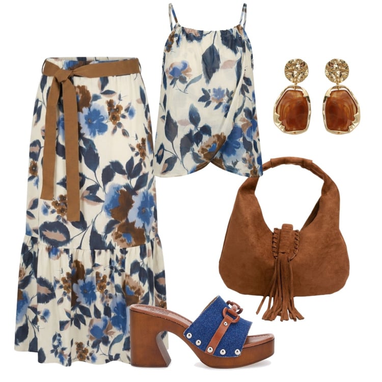 Outfit donna - Summer bag boho. Stile Boho per Tutti i giorni. Abbinamento con orecchini, gonne lunghe, top, borse a spalla, zoccoli.