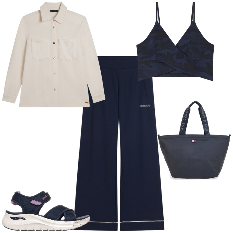 Outfit donna - Sporty chic ogni giorno. Stile Sporty chic per Tutti i giorni. Abbinamento con pantaloni, camicie, top, sandali, borse tote.