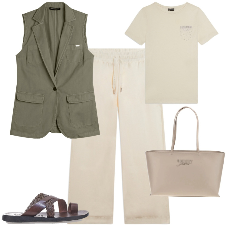 Outfit donna - Sporty chic ogni giorno. Stile Sporty chic per Tutti i giorni. Abbinamento con pantaloni, gilet, t-shirt, ciabatte, borse a spalla.
