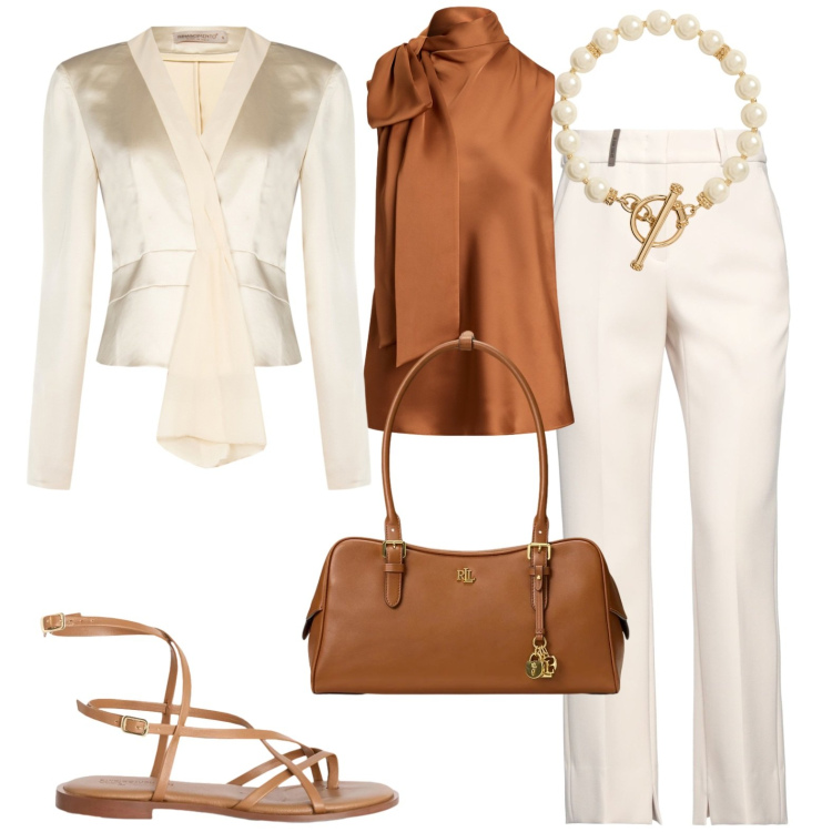 Outfit donna - Chic. Stile Chic per Serata fuori. Abbinamento con pantaloni, sandali in pelle, bluse, borse a mano, collane, blazer.