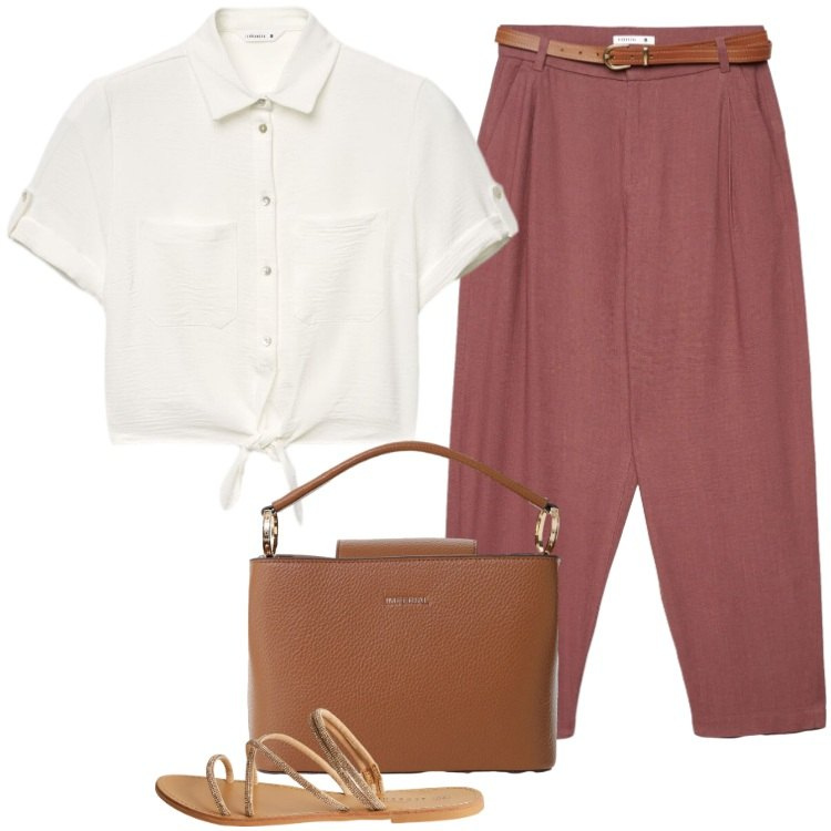Outfit donna - Total look #2432343. Stile Trendy per Tutti i giorni. Abbinamento con pantaloni chino, camicie a manica corta, sandali, borse a secchiello.
