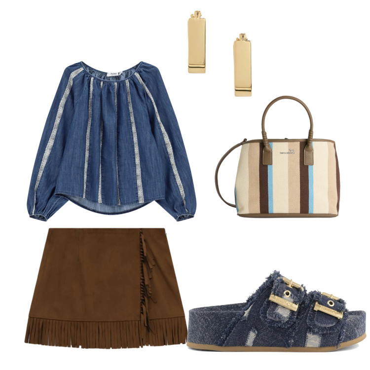 Outfit donna - A passeggio!. Stile Casual chic per Tutti i giorni. Abbinamento con shopping bag, orecchini, minigonne, bluse, zeppe.