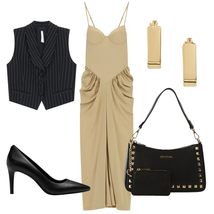 Outfit donna - Cambio accessori per la sera. Stile Trendy per Serata fuori. Abbinamento con décolleté, vestiti lunghi, borse a spalla, gilet, orecchini.