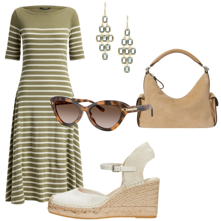 Outfit donna - Gli accessori con l\'abito a righe. Stile Glamour per Tutti i giorni. Abbinamento con vestiti midi/longuette, borse a spalla, espadrillas, occhiali da sole, orecchini.
