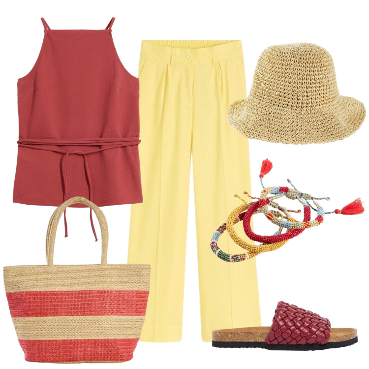 Outfit donna - Freschezza tutta estiva. Stile Casual per Tutti i giorni. Abbinamento con top, shopping bag, cappelli, ciabatte, braccialetti, pantaloni a palazzo.