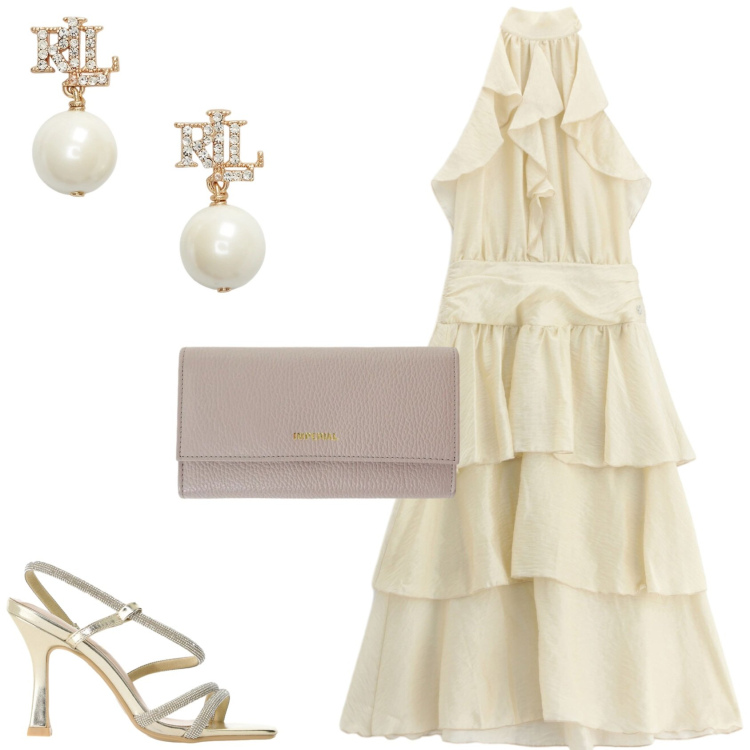 Outfit donna - Please: l\'outfit da cerimonia. Stile Glamour per Cerimonia. Abbinamento con sandali col tacco, portafogli, vestiti midi/longuette, orecchini.