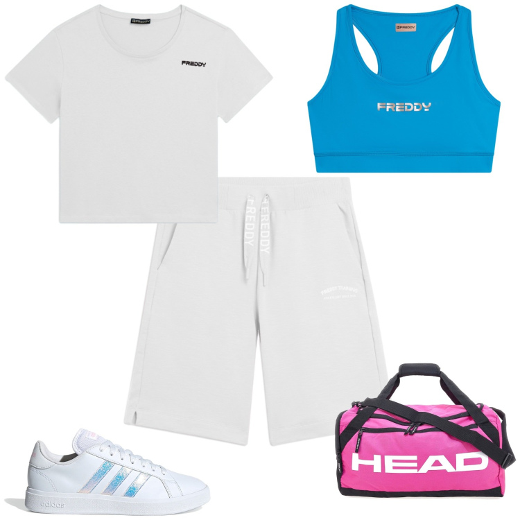 Outfit donna - In palestra con Freddy. Stile Sporty chic per Sport. Abbinamento con top, t-shirt, pantaloni corti, borse sportive, sneakers.