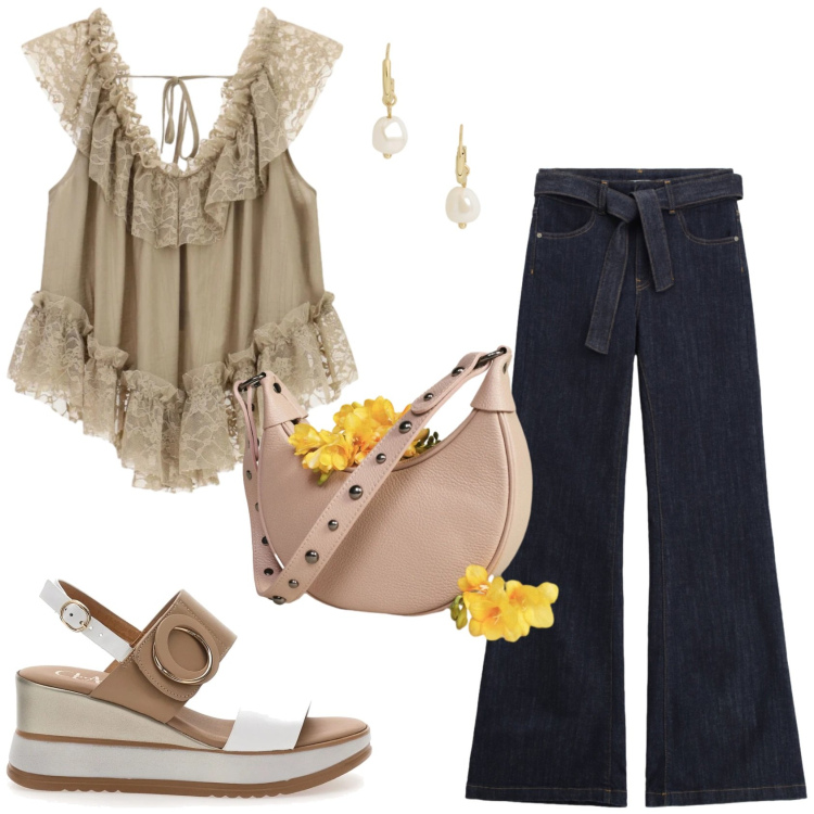 Outfit donna - Please: \'70s vibes. Stile 70s per Tutti i giorni. Abbinamento con jeans a zampa, top, borse a spalla, orecchini, zeppe.