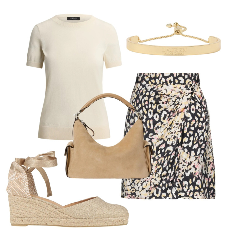 Outfit donna - Total look #2432364. Stile Bon Ton per Ufficio. Abbinamento con minigonne, espadrillas, borse a spalla, braccialetti, t-shirt.