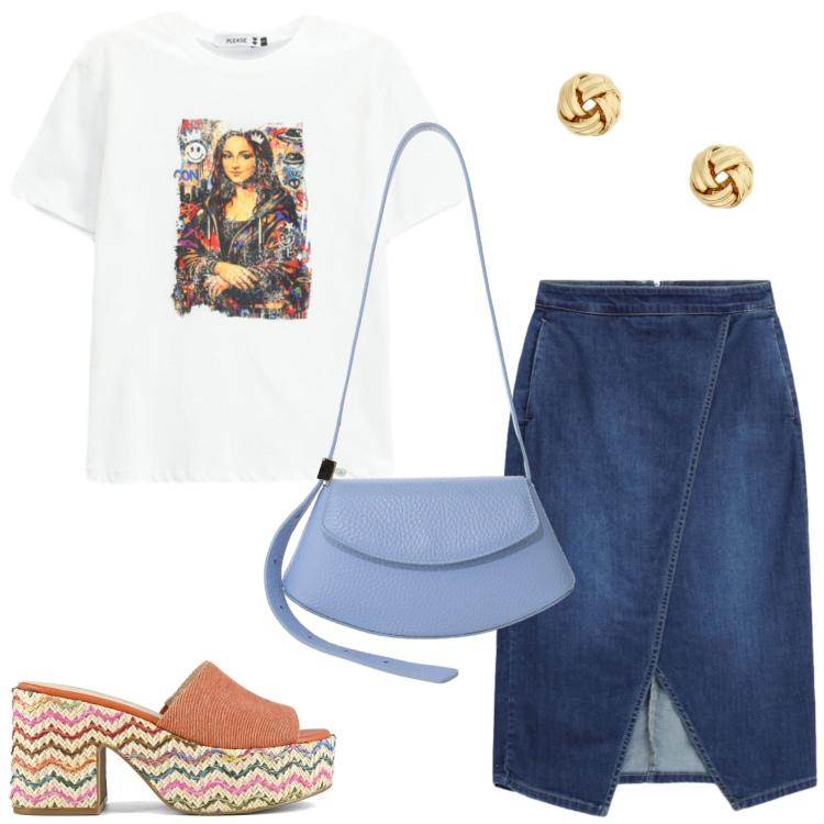 Outfit donna - Please: serata fuori. Stile Casual chic per Serata fuori. Abbinamento con borse a spalla, t-shirt, gonne longuette, orecchini, sandali col tacco.