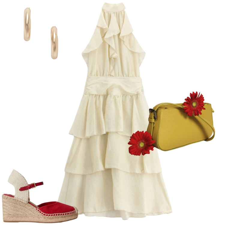 Outfit donna - Boho serata evento. Stile Boho per Serata fuori. Abbinamento con vestiti midi/longuette, borse a spalla, orecchini, zeppe.