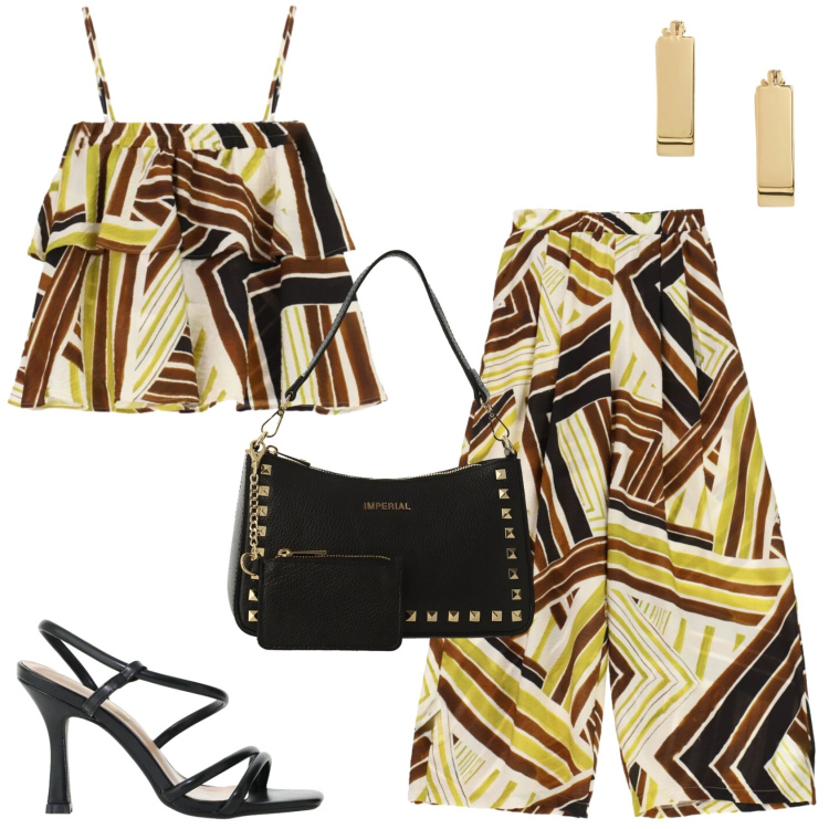 Outfit donna - Please: invito ad una cerimonia. Stile Trendy per Cerimonia. Abbinamento con sandali col tacco, borse a spalla, pantaloni a palazzo, top, orecchini.