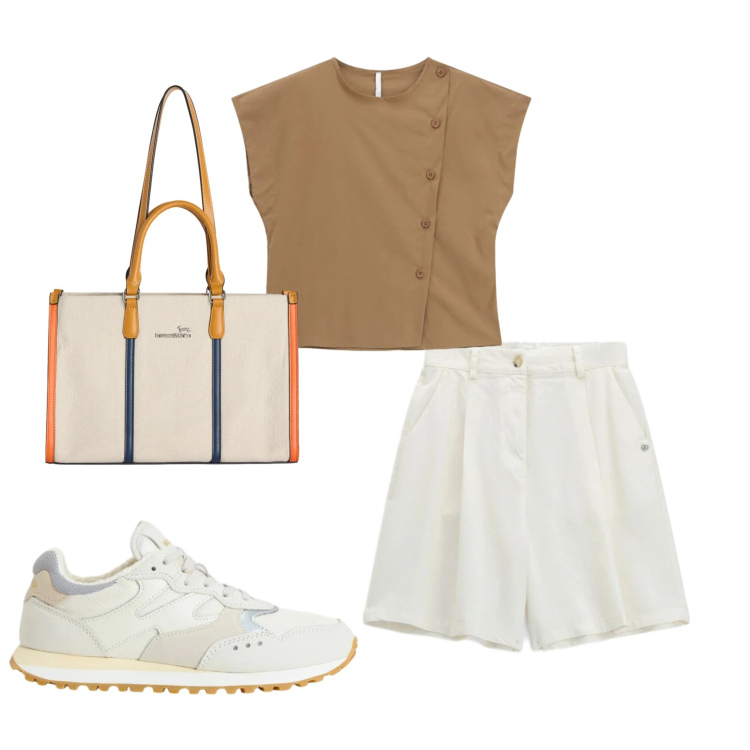 Outfit donna - Pomeriggio al parco. Stile Casual per Tutti i giorni. Abbinamento con borse tote, sneakers, bermuda, camicie a manica corta.