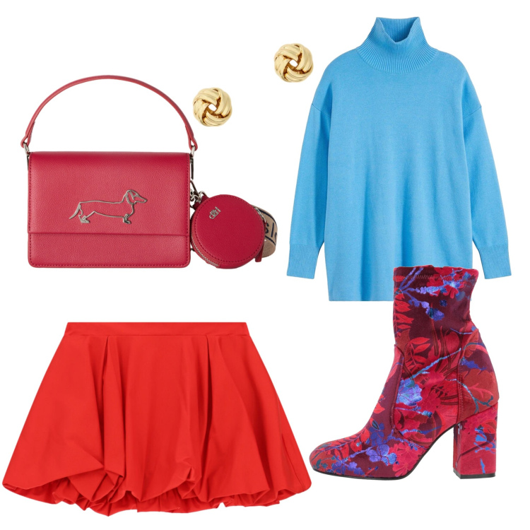 Outfit donna - Domenica pomeriggio a spasso. Stile Casual per Tutti i giorni. look ideale per Petite. Abbinamento con borse a tracolla, minigonne, orecchini, stivaletti, maglieria.