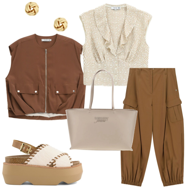 Outfit donna - Summer Please. Stile Urban per Tutti i giorni. Abbinamento con camicie, gilet, pantaloni cargo, orecchini, zeppe, borse a spalla.