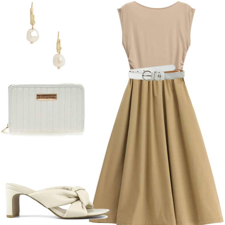 Outfit donna - Summer Please. Stile Bon Ton per Ufficio. Abbinamento con cinture, vestiti midi/longuette, orecchini, sandali col tacco, portafogli.