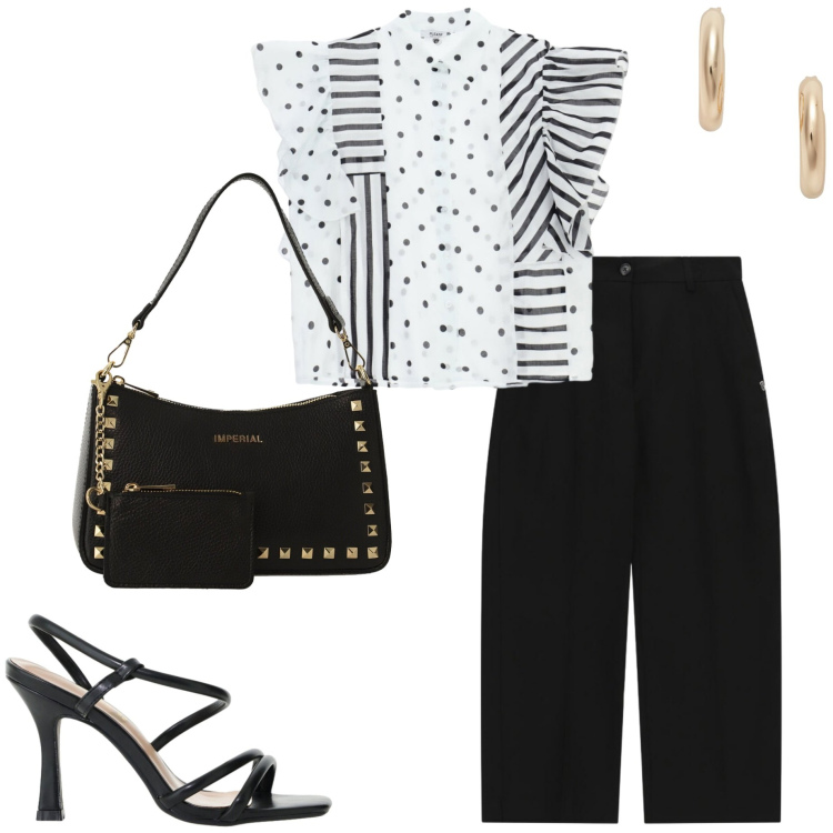 Outfit donna - Summer Please. Stile Casual chic per Serata fuori. Abbinamento con orecchini, camicie, pantaloni, borse a spalla, sandali col tacco.