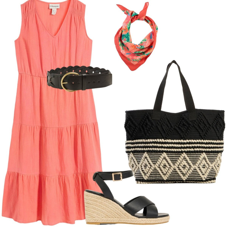 Outfit donna - Total look #2432428. Stile Basic per Tutti i giorni. Abbinamento con shopping bag, foulard, zeppe, vestiti, cinture.
