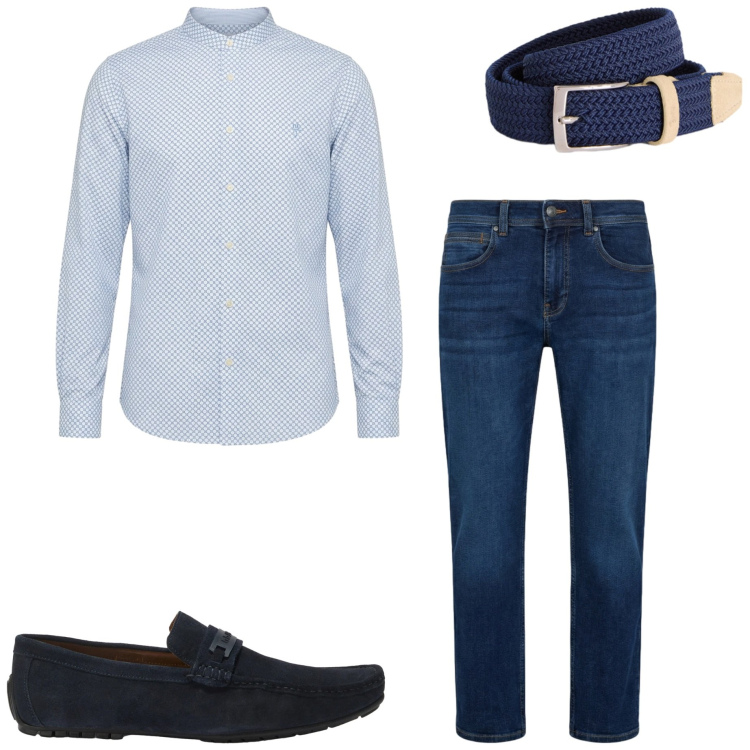 Outfit uomo - In ufficio. Stile Casual per Ufficio. Abbinamento con jeans dritti, camicie, scarpe stringate, cinture.