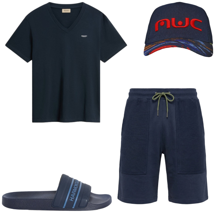 Outfit uomo - Weekend al mare. Stile Casual per Mare. Abbinamento con sandali, pantaloni corti, cappelli con visiera, t-shirt.