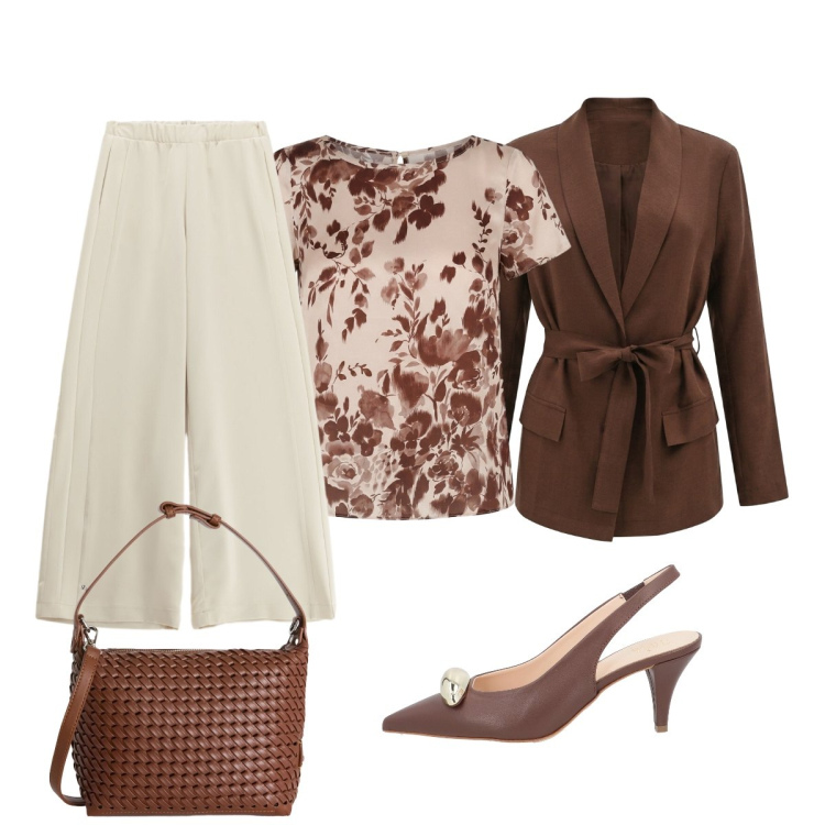 Outfit donna - Aperitivo in città. Stile Chic per Serata fuori. Abbinamento con décolleté, borse a spalla, bluse, blazer, pantaloni a palazzo.