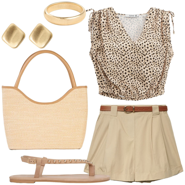 Outfit donna - Urban Safari Glam. Stile Casual chic per Serata fuori. Abbinamento con shopping bag, braccialetti, ciabatte, shorts, orecchini, top.