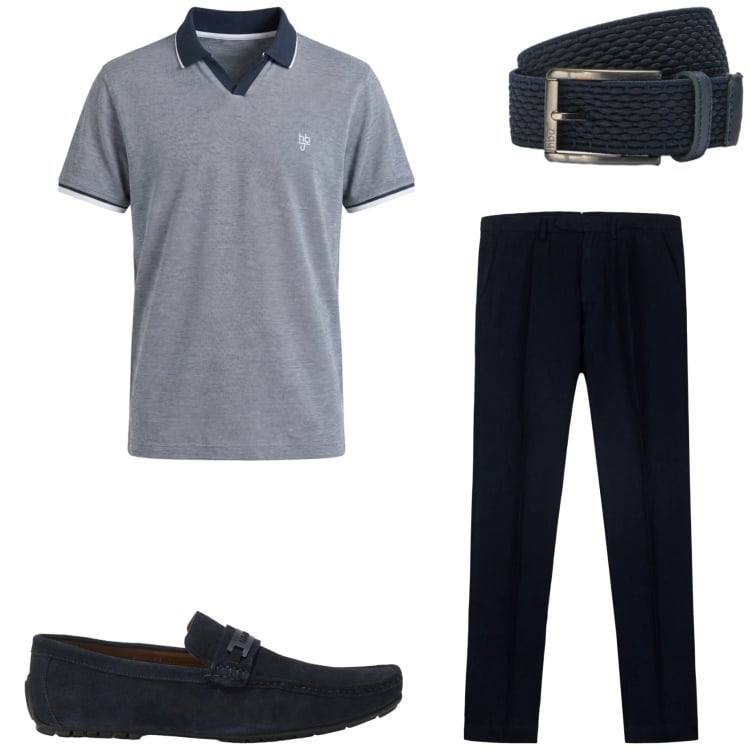 Outfit uomo - Luglio in ufficio. Stile Urban per Ufficio. Abbinamento con scarpe stringate, polo, cinture, pantaloni.