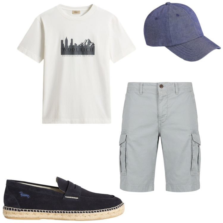 Outfit uomo - Look estivo. Stile Casual per Tutti i giorni. Abbinamento con bermuda, espadrillas, t-shirt, cappelli con visiera.