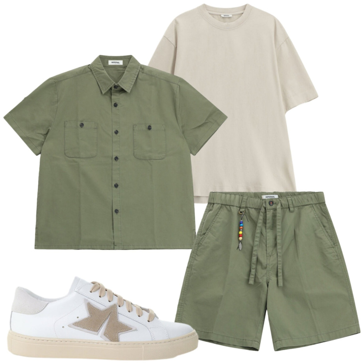 Outfit uomo - Summer Imperial. Stile Trendy per Mare. Abbinamento con camicie a manica corta, sneakers, bermuda, t-shirt.
