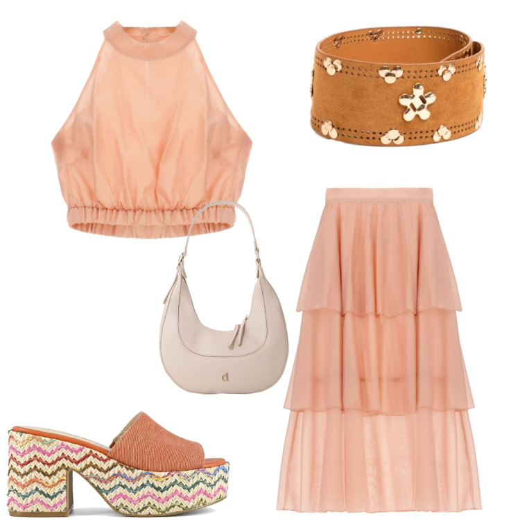 Outfit donna - Colors of California. Stile Casual chic per Serata fuori. Abbinamento con borse a tracolla, top, gonne lunghe, cinture, sandali col tacco.