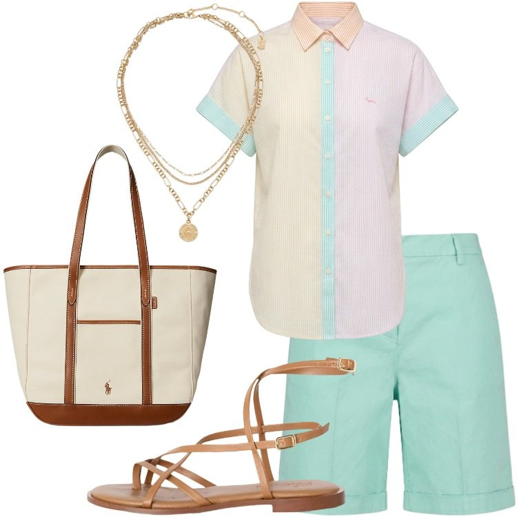 Outfit donna - Harmont & Blaine- Casual chic a colori. Stile Casual chic per Tutti i giorni. Abbinamento con sandali in pelle, bermuda, camicie a manica corta, ciondoli, borse tote.