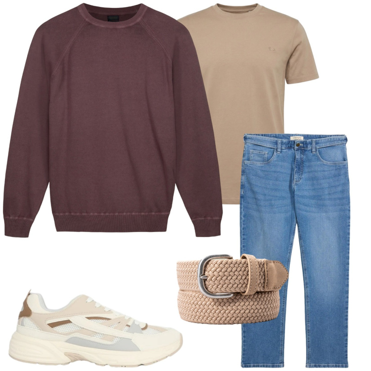 Outfit uomo - 100% cotone. Stile Casual per Tutti i giorni. Abbinamento con jeans dritti, t-shirt, sneakers, maglieria, cinture.