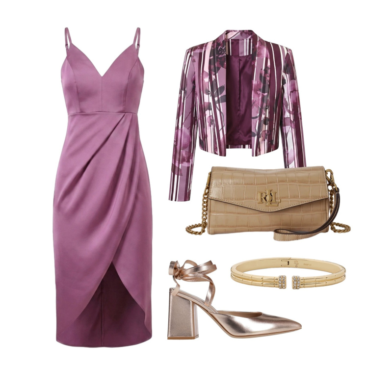 Outfit donna - Luglio. Stile Chic per Cerimonia. Abbinamento con décolleté, braccialetti, portafogli, blazer, vestiti asimmetrici.