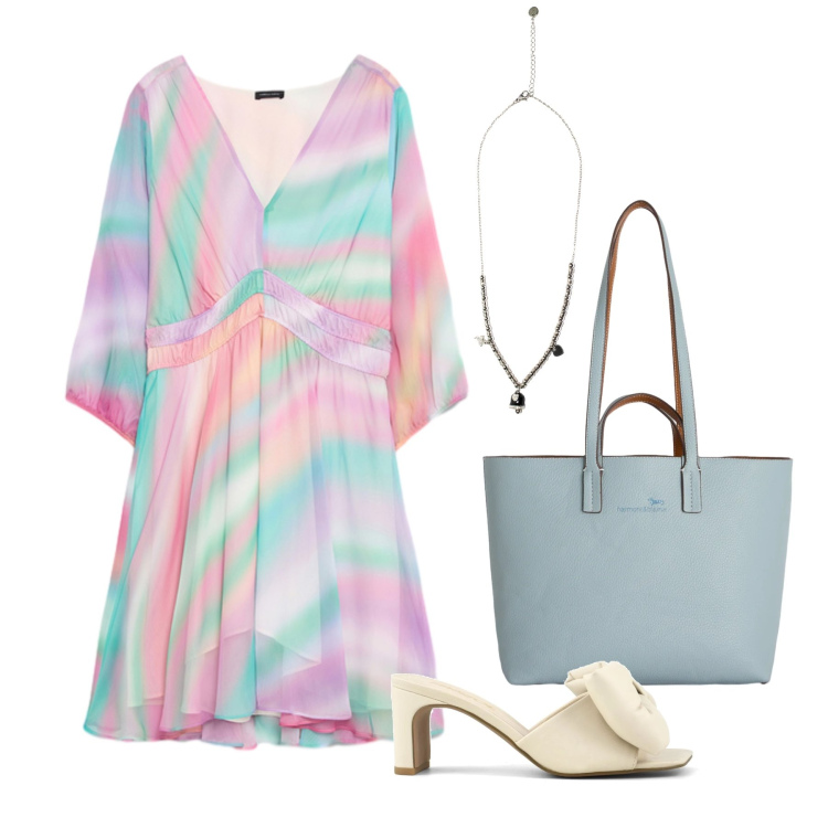 Outfit donna - Luglio. Stile Glamour per Tutti i giorni. Abbinamento con shopping bag, ciondoli, vestiti corti, sandali col tacco.