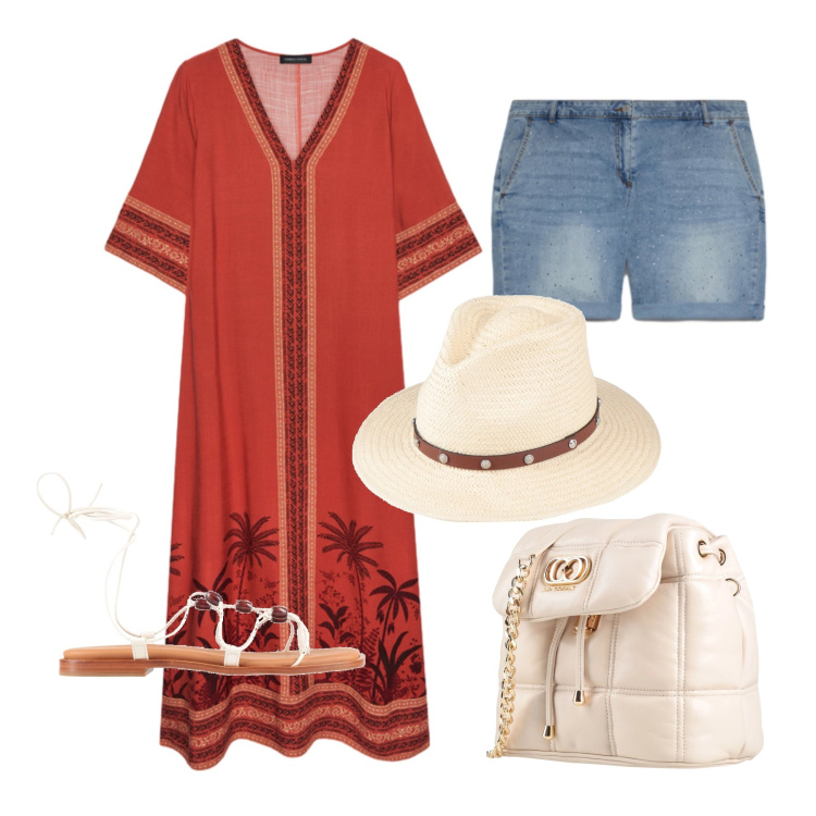 Outfit donna - Luglio. Stile Boho per Tutti i giorni. Abbinamento con cappelli, valigie, ciabatte, shorts, caftani.