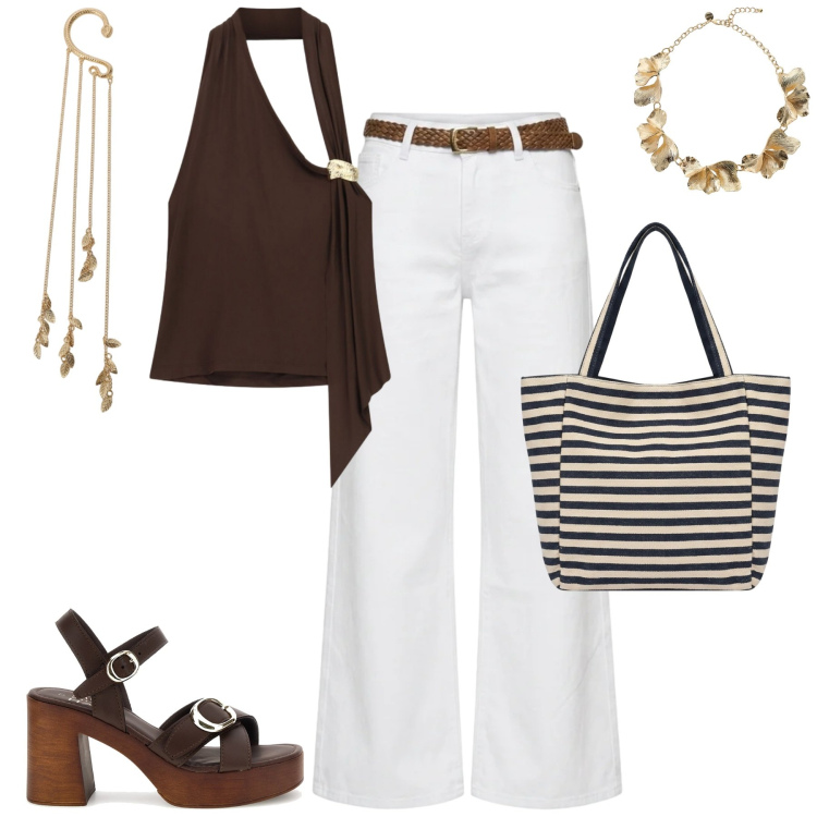 Outfit donna - Summer bags. Stile Casual chic per Tutti i giorni. Abbinamento con top, orecchini, collane, pantaloni, borse tote, sandali in pelle.